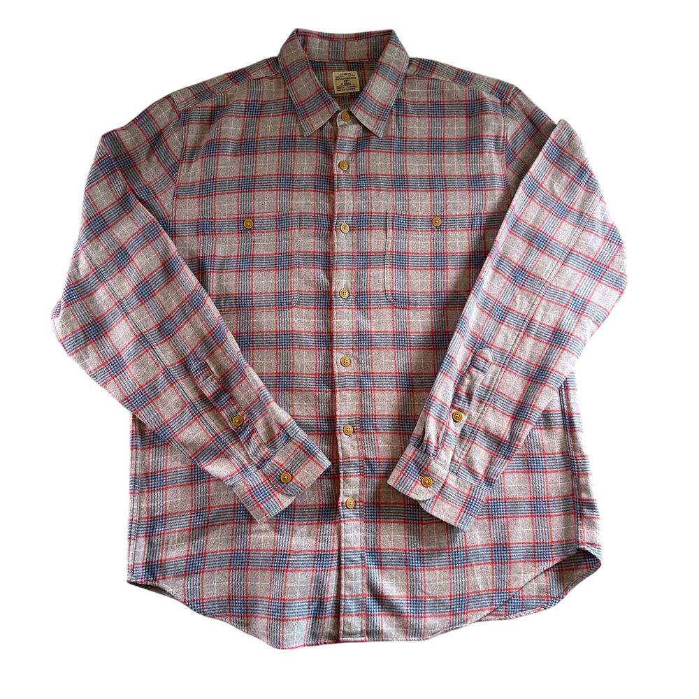 J Crew Men's Large Red Blue & Gray Flannel Button Down 100% Cotton